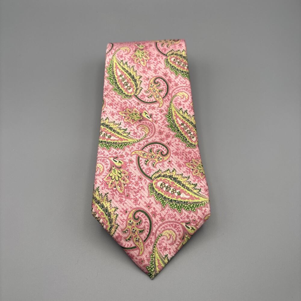 JZ Richards Woven Silk Paisley Tie Pink Green Men’s Logo Accent Made in USA